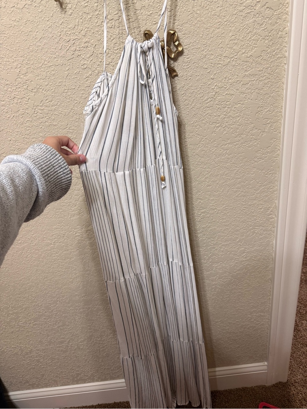Kona Sol White and Navy Striped Maxi Dress